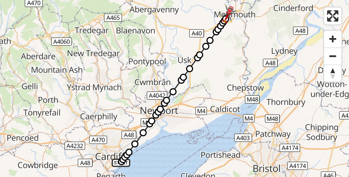 Flight route Air Ambulance Helicopter Cardiff Heliport - Monmouth, 09 September 2026, 07:47
