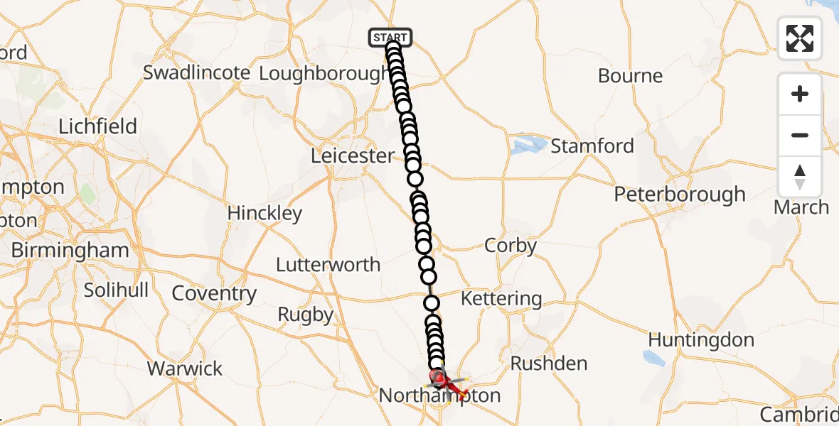 Flight route Air Ambulance Helicopter Rushcliffe - Northampton, 09 September 2026, 08:05