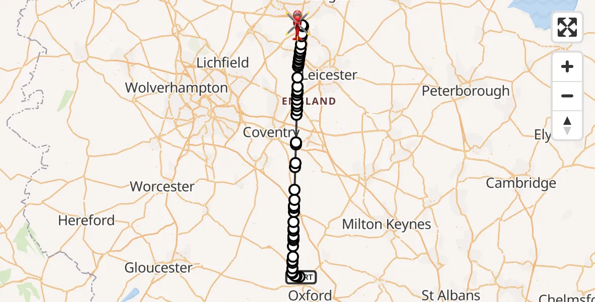 Flight route Air Ambulance Helicopter London Oxford Airport - East Midlands Airport, 09 September 2026, 08:23