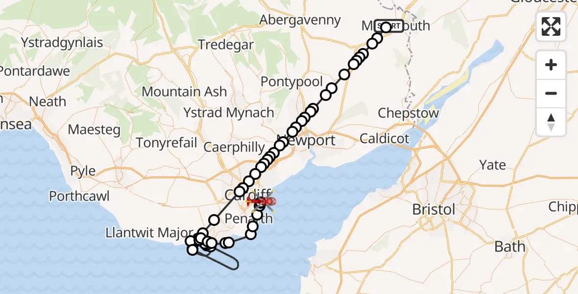 Flight route Air Ambulance Helicopter Monmouth - Cardiff Heliport, 09 September 2026, 08:30