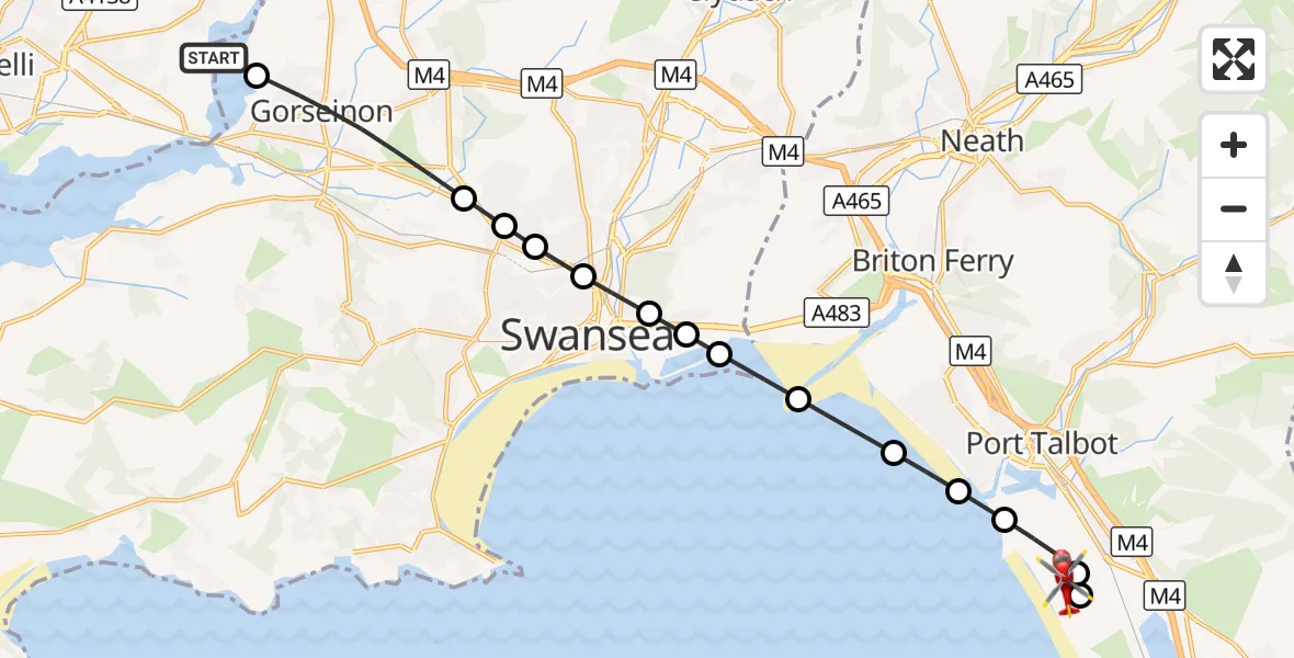 Flight route Air Ambulance Helicopter Bynea - Margam Moors, 09 September 2026, 08:45