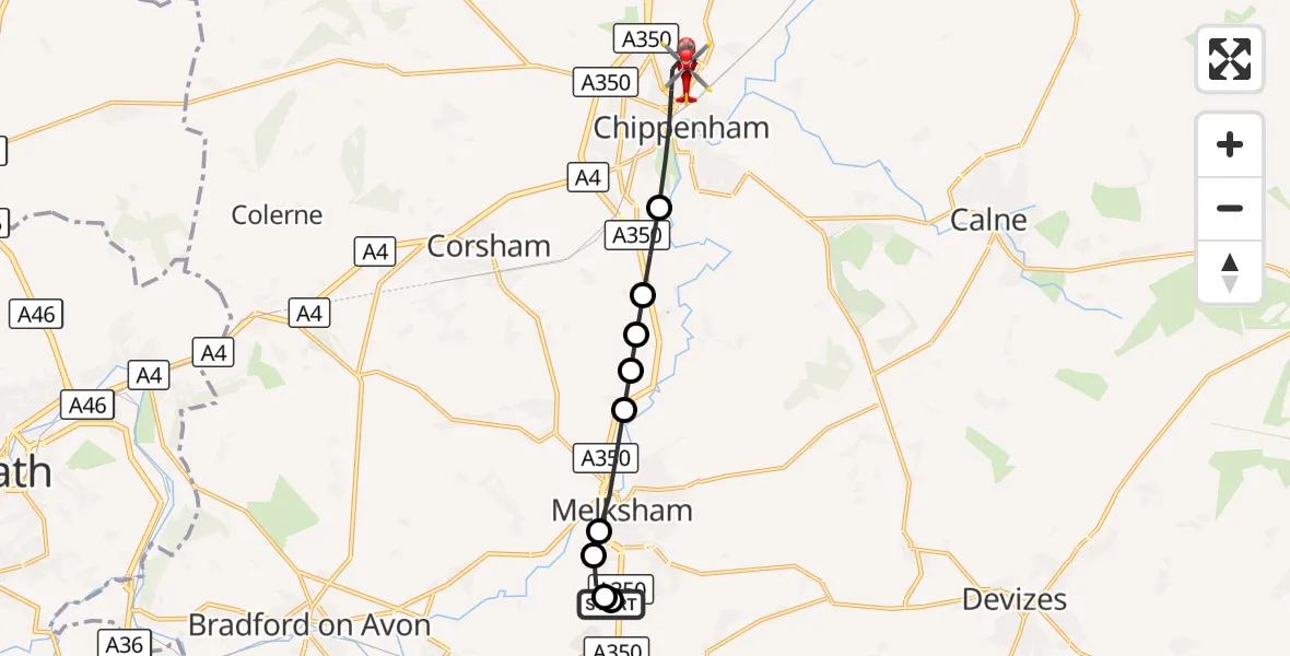 Flight route Air Ambulance Helicopter Wiltshire Air Ambulance - Chippenham, 09 September 2026, 08:46