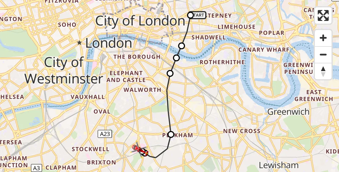 Flight route Air Ambulance Helicopter Royal London Hospital - Kings College London Hospital, 09 September 2026, 08:47