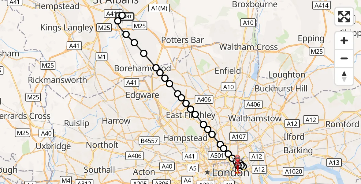Flight route Air Ambulance Helicopter London Colney - Royal London Hospital, 09 September 2026, 08:47