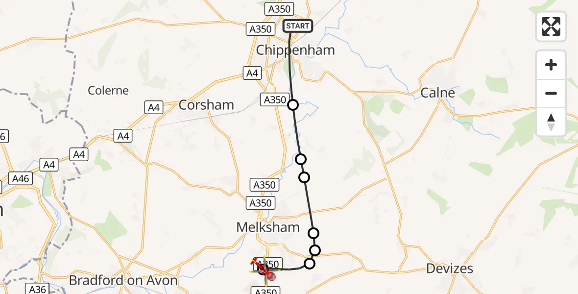 Flight route Air Ambulance Helicopter Chippenham - Wiltshire Air Ambulance, 09 September 2026, 09:44