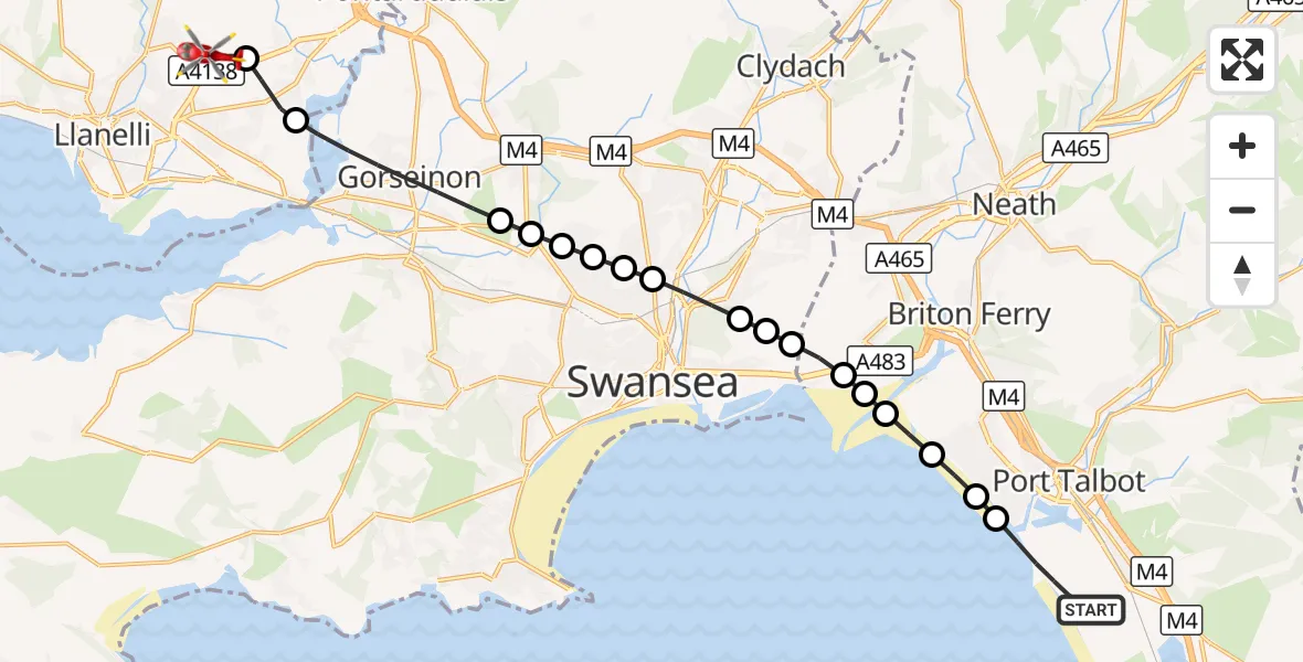 Flight route Air Ambulance Helicopter Margam Moors - Dafen, 09 September 2026, 09:50