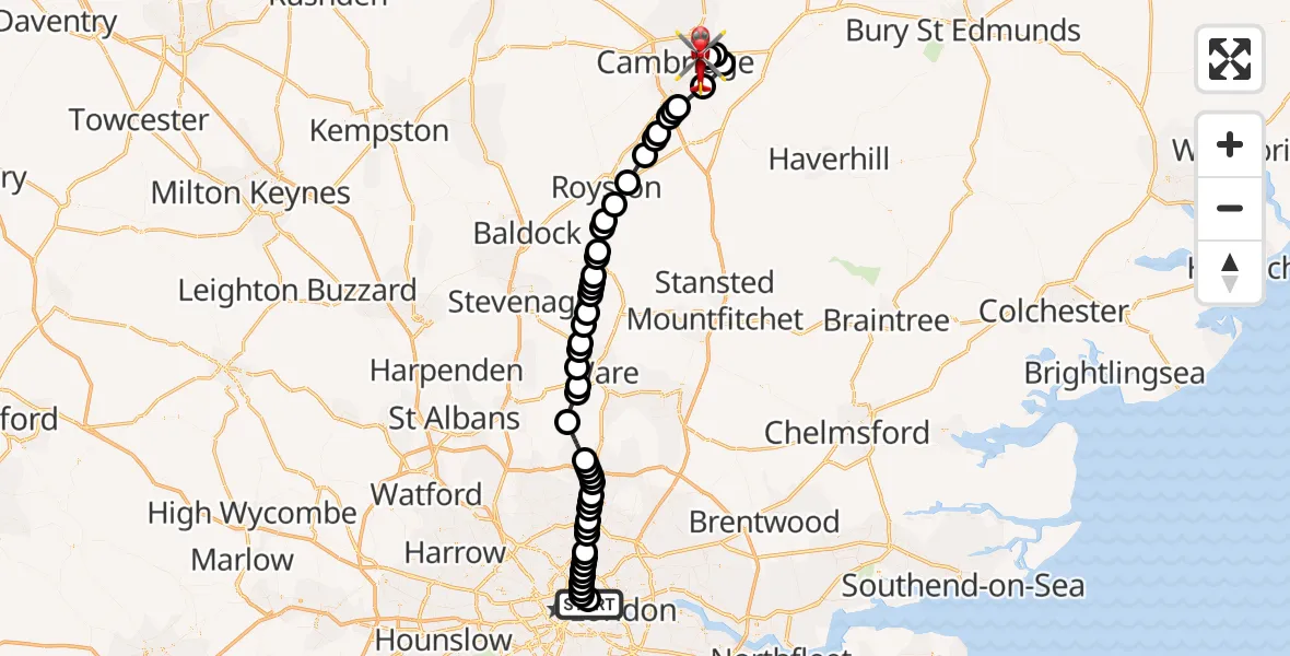 Flight route Air Ambulance Helicopter Royal London Hospital - Cambridge City Airport, 09 September 2026, 09:56