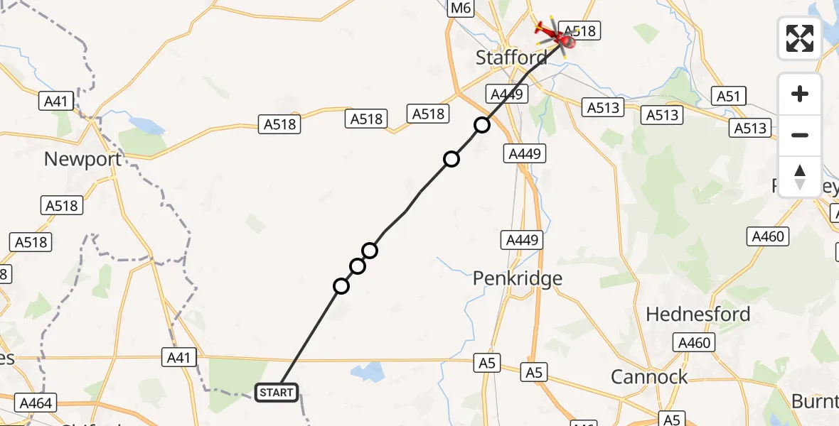 Flight route Air Ambulance Helicopter Tong - Stafford, 09 September 2026, 10:16