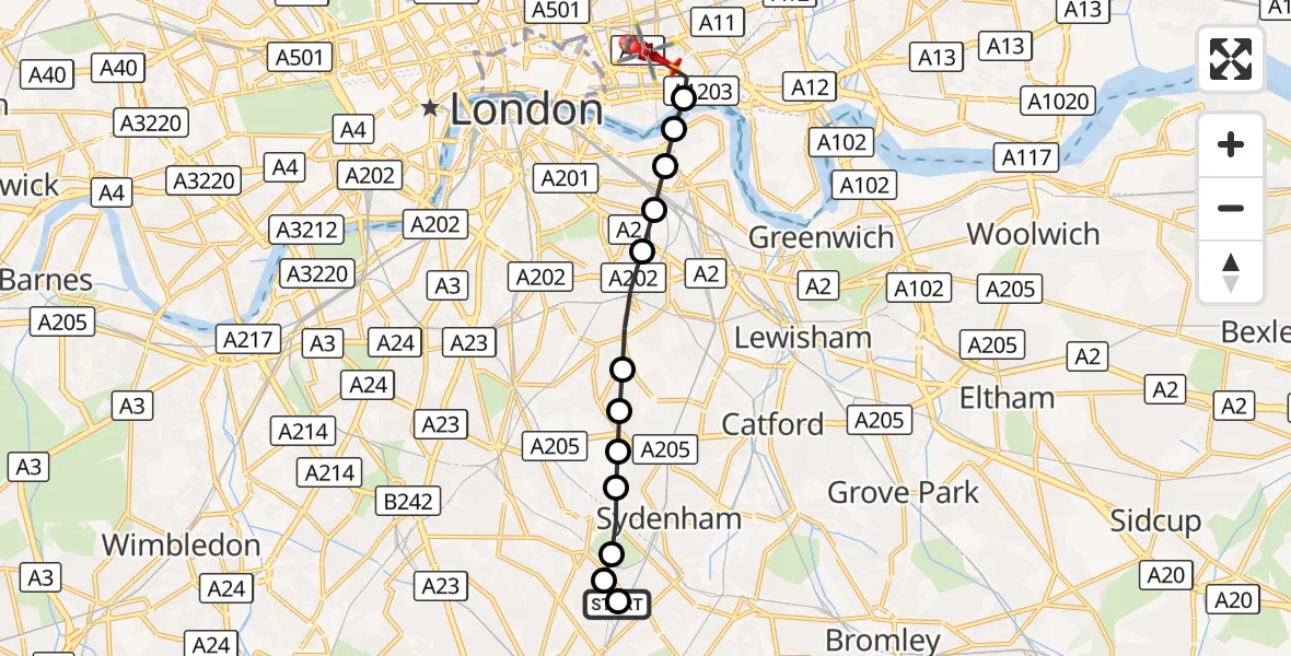 Flight route Air Ambulance Helicopter Crystal Palace - Royal London Hospital, 09 September 2026, 10:26