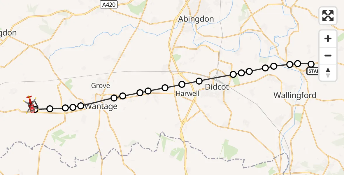 Flight route Air Ambulance Helicopter RAF Benson - Kingston Lisle, 09 September 2026, 10:32