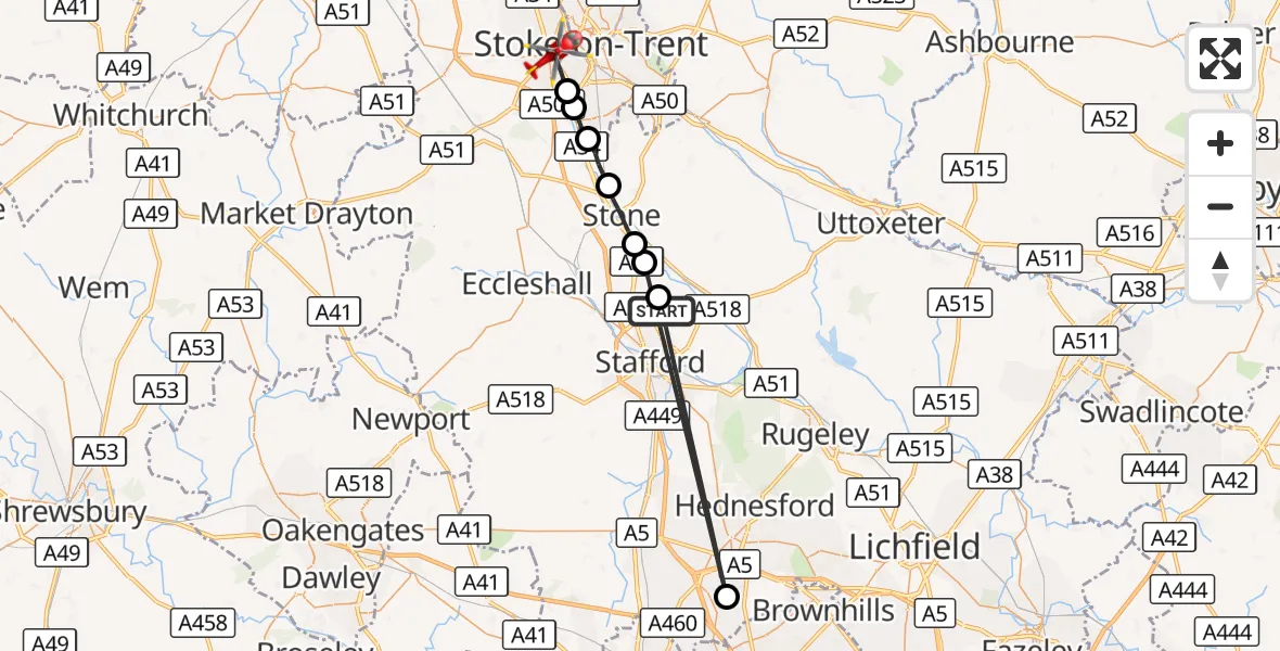 Flight route Air Ambulance Helicopter Stafford - Stoke, 09 September 2026, 10:45