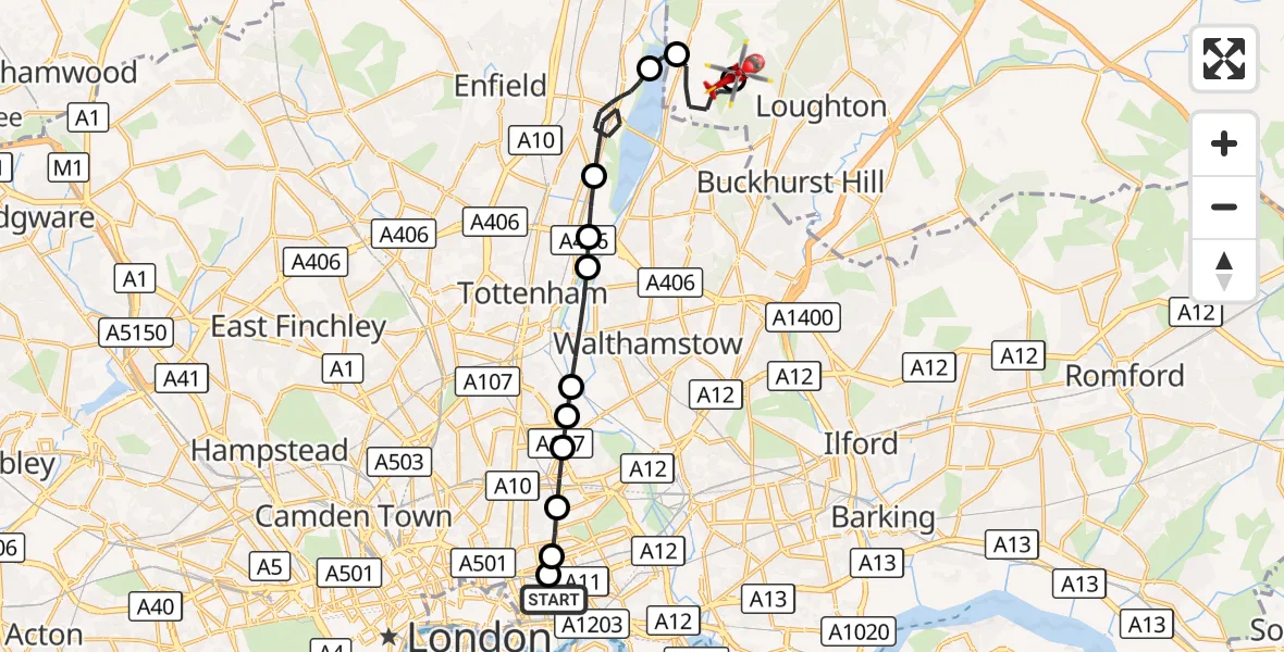 Flight route Air Ambulance Helicopter Royal London Hospital - Metropolitan Police Air Support Unit Lippitts Hill, 09 September 2026, 10:59