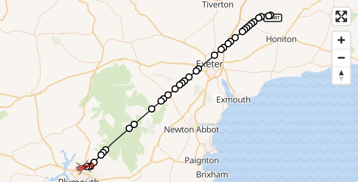 Flight route Air Ambulance Helicopter Dunkeswell Airfield - Derriford Hospital, 09 September 2026, 11:01