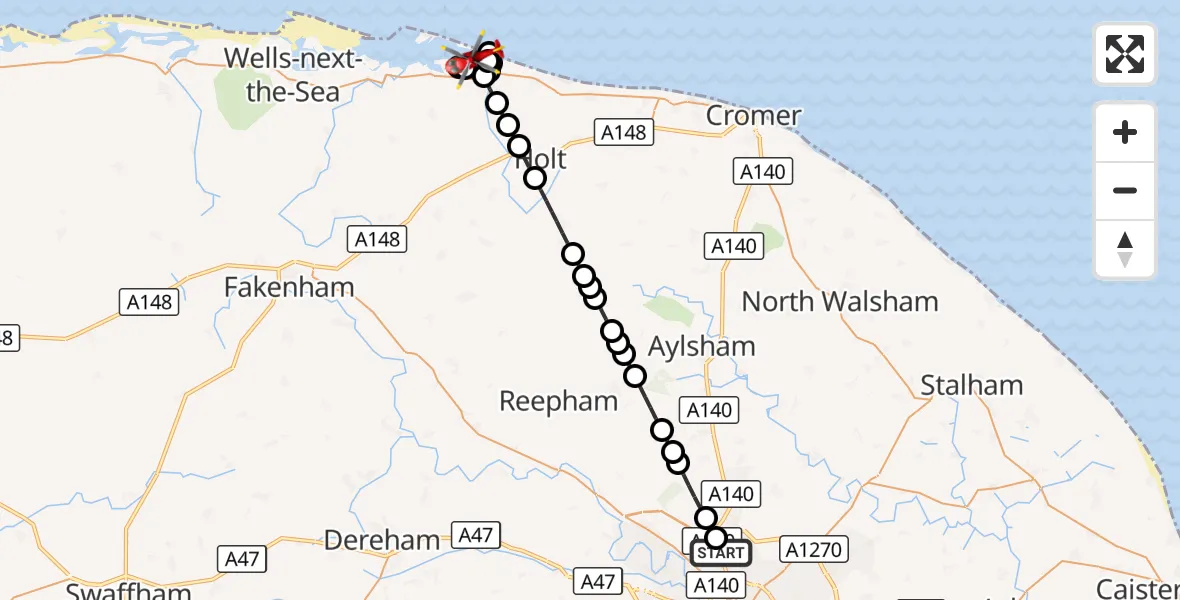 Flight route Air Ambulance Helicopter Norwich Airport - Wiveton, 09 September 2026, 11:04