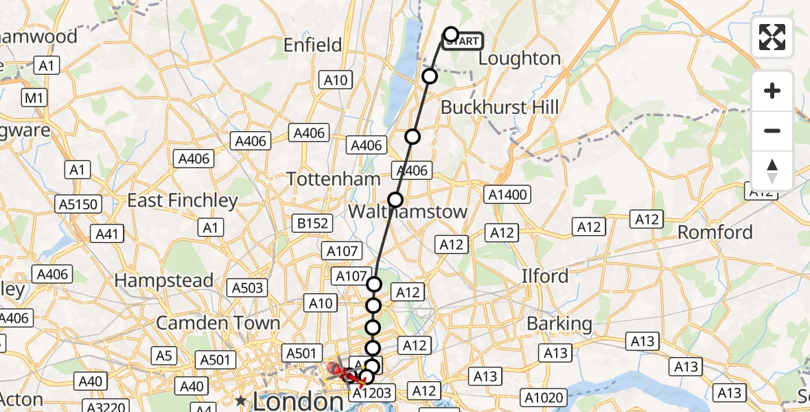 Flight route Air Ambulance Helicopter Metropolitan Police Air Support Unit Lippitts Hill - Royal London Hospital, 09 September 2026, 11:27