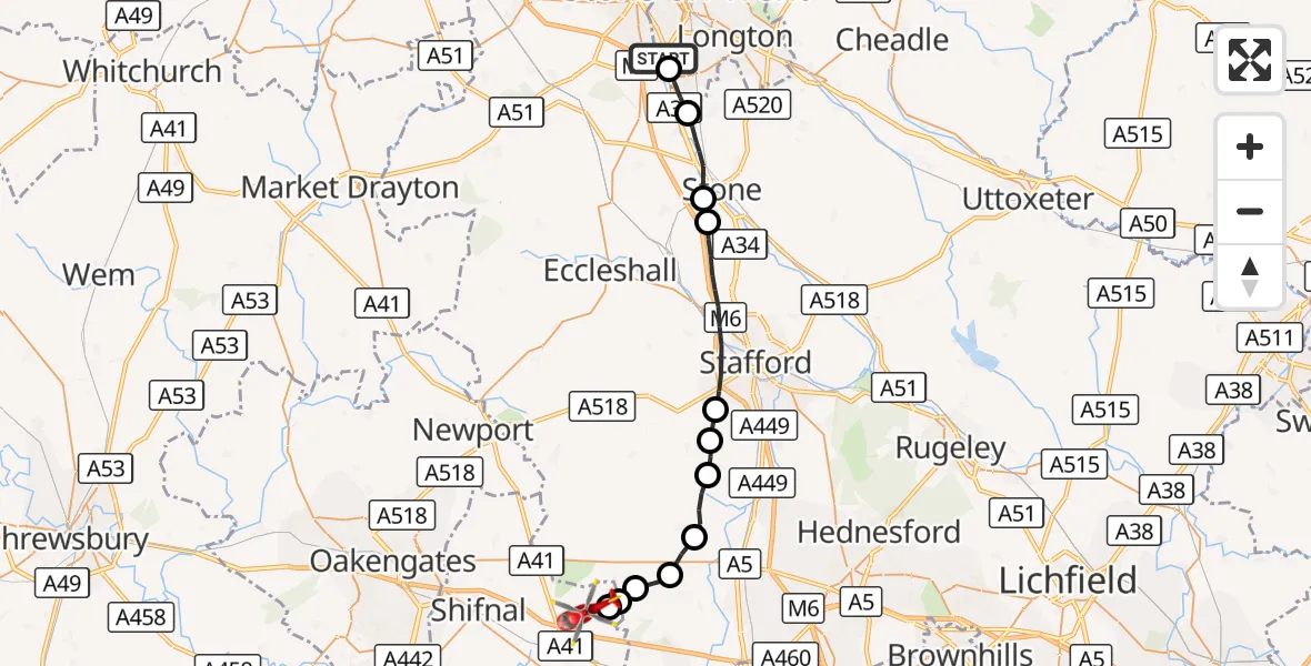 Flight route Air Ambulance Helicopter Stoke - Cosford, 09 September 2026, 11:44