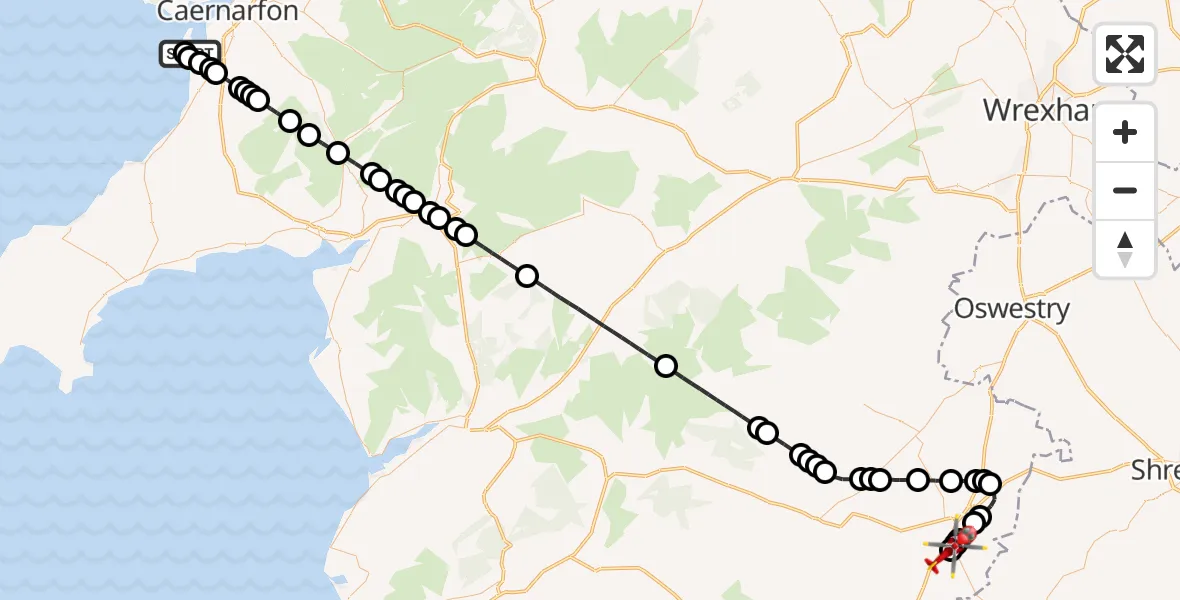 Flight route Air Ambulance Helicopter Caernarfon Airport - Welshpool Airport, 09 September 2026, 12:06