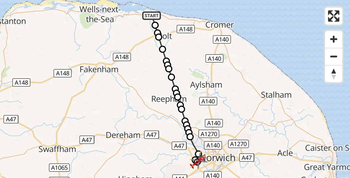 Flight route Air Ambulance Helicopter Cley next the Sea - Norfolk & Norwich Hospital, 09 September 2026, 12:40