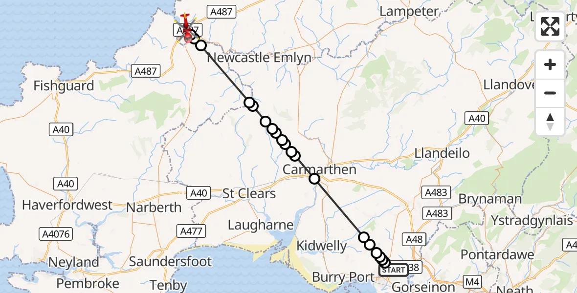 Flight route Air Ambulance Helicopter Dafen - Aberteifi / Cardigan, 09 September 2026, 12:52