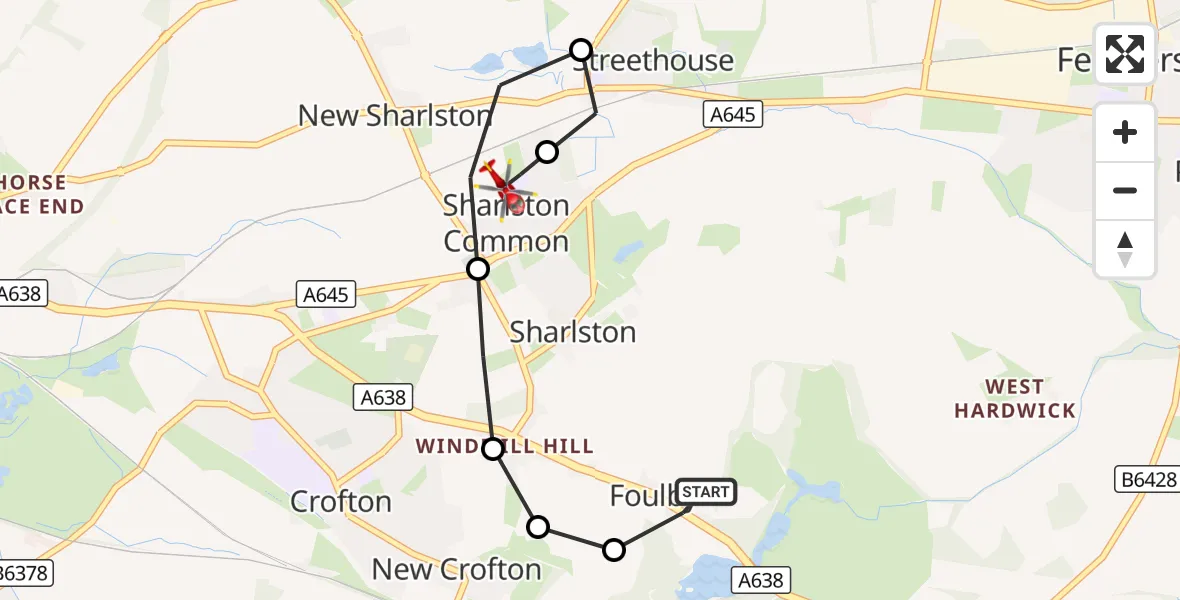 Flight route Air Ambulance Helicopter YAA Nostell Helicopter Port - Sharlston, 09 September 2026, 13:09