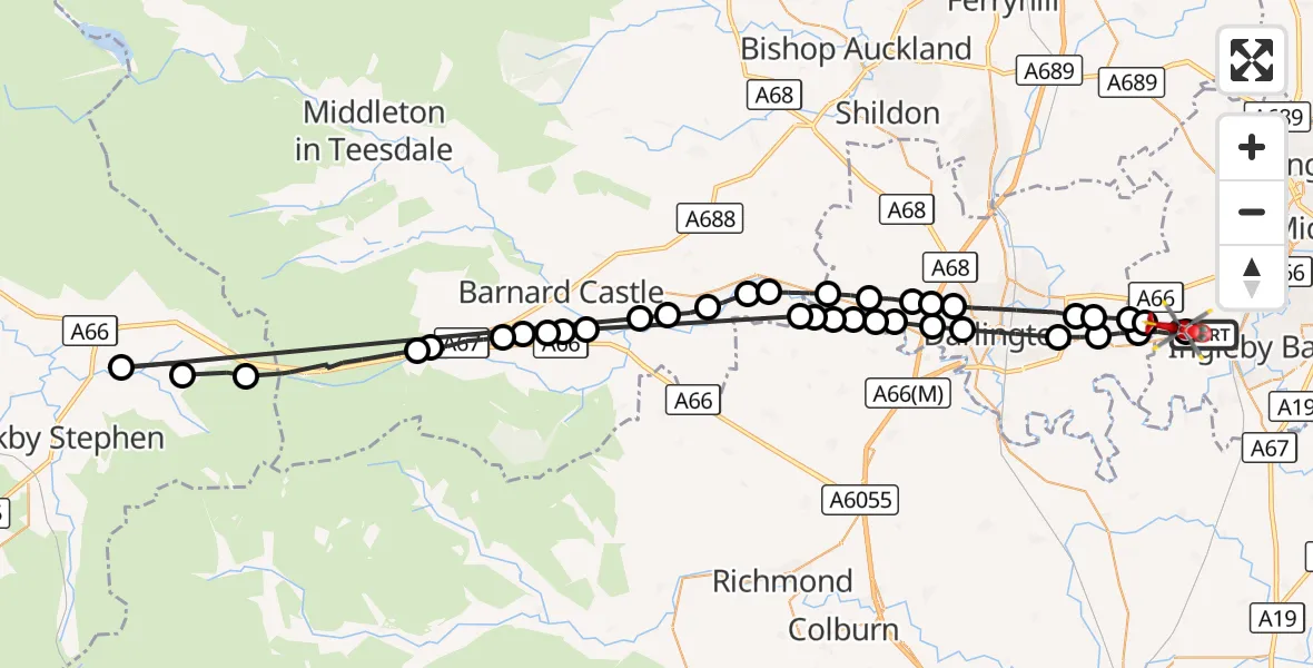 Flight route Air Ambulance Helicopter Egglescliffe - Longnewton, 09 September 2026, 13:20