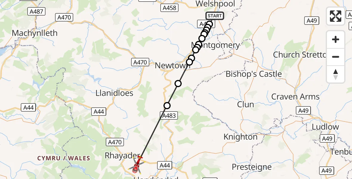Flight route Air Ambulance Helicopter Welshpool Airport - Nantmel, 09 September 2026, 13:25