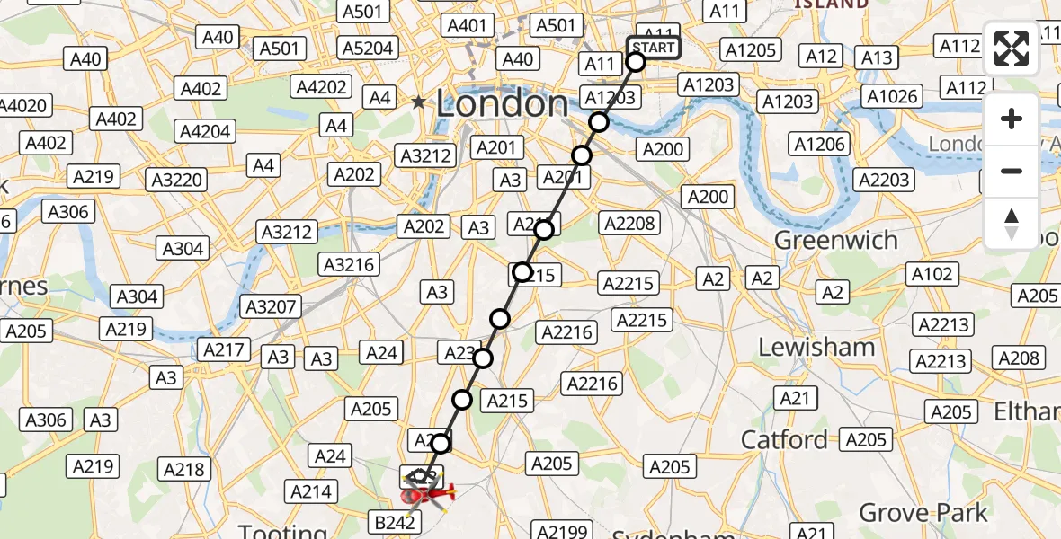 Flight route Air Ambulance Helicopter Royal London Hospital - Streatham Hill, 09 September 2026, 13:29