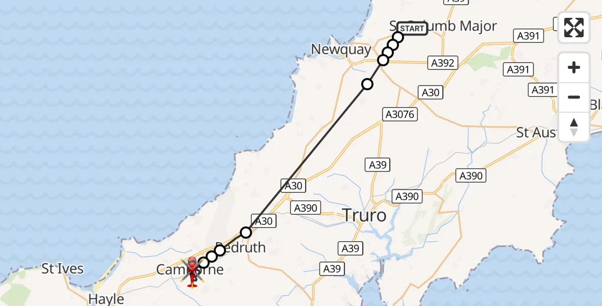 Flight route Air Ambulance Helicopter Cornwall Airport Newquay - Camborne, 09 September 2026, 13:30