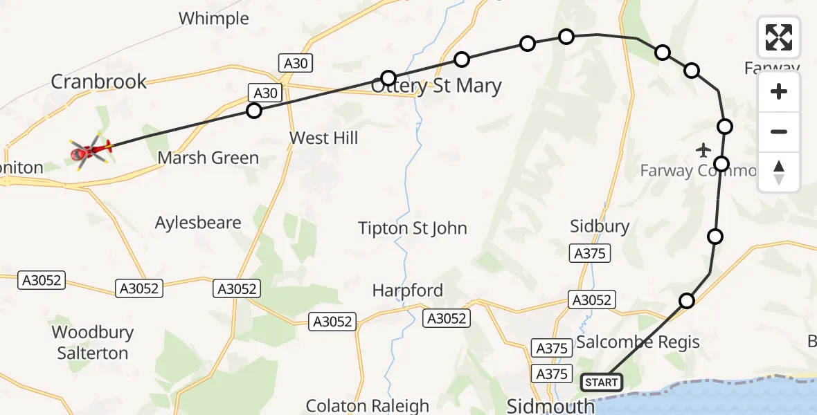 Flight route Air Ambulance Helicopter Sidmouth - Exeter International Airport, 09 September 2026, 13:40