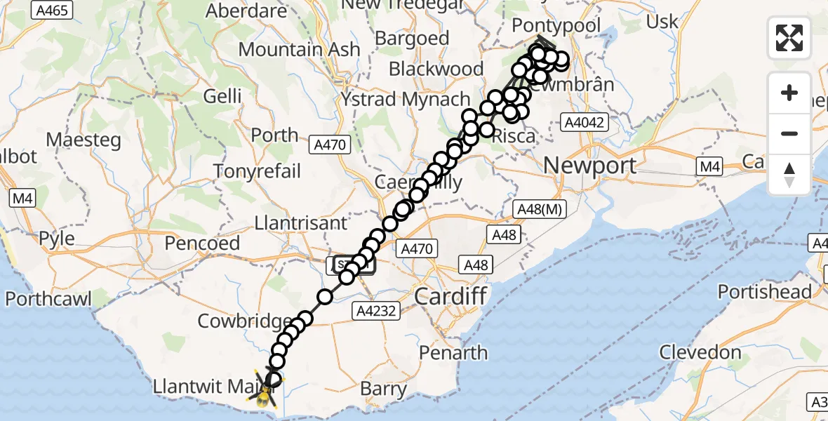 Flight route Police Helicopter Creigiau - MOD St Athan, 09 September 2026, 13:40