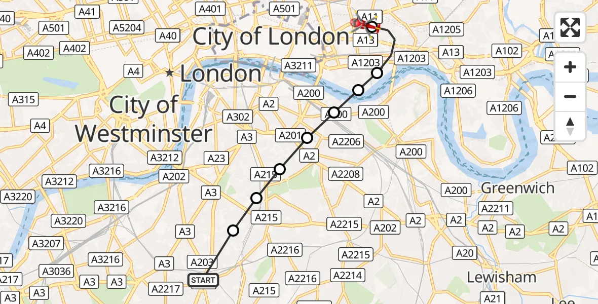 Flight route Air Ambulance Helicopter Brixton - Royal London Hospital, 09 September 2026, 13:50