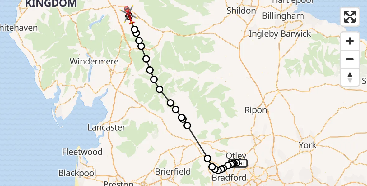 Flight route Air Ambulance Helicopter Yeadon - Morland, 09 September 2026, 13:51