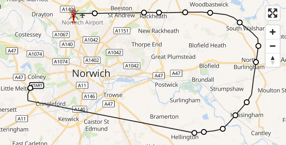 Flight route Air Ambulance Helicopter Norfolk & Norwich Hospital - Norwich Airport, 09 September 2026, 13:56