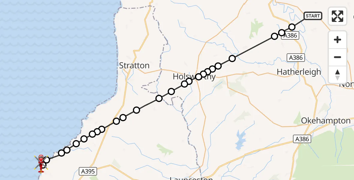 Flight route Air Ambulance Helicopter Beaford - Tintagel, 09 September 2026, 14:04