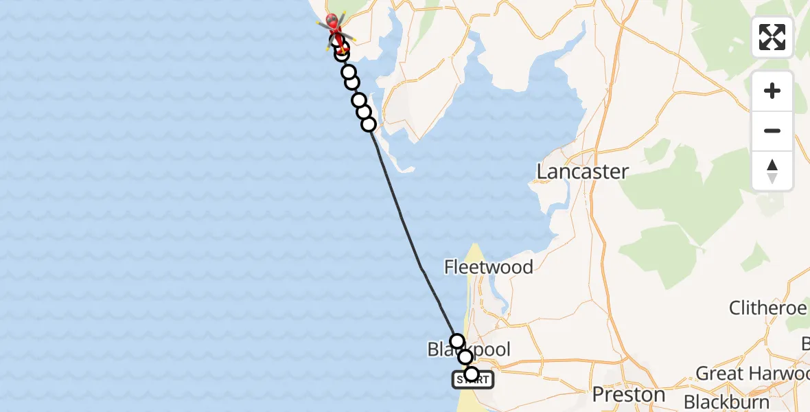 Flight route Air Ambulance Helicopter Blackpool Airport - Silecroft, 09 September 2026, 14:13