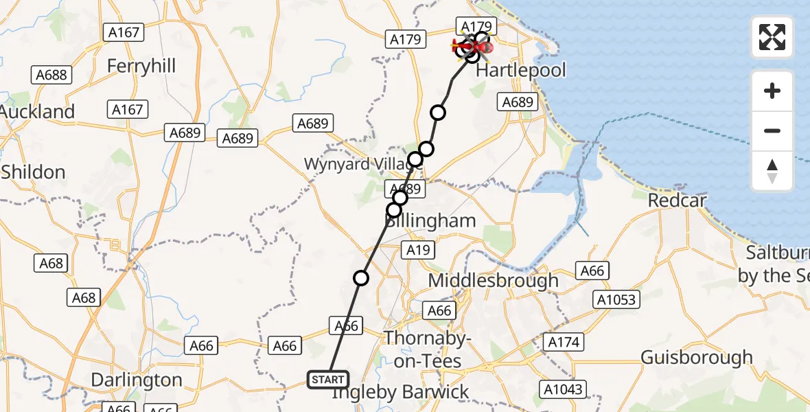 Flight route Air Ambulance Helicopter Egglescliffe - Hartlepool, 09 September 2026, 14:19