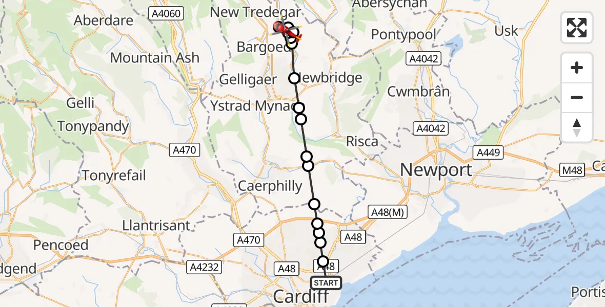 Flight route Air Ambulance Helicopter Penylan - Bargoed, 09 September 2026, 14:21