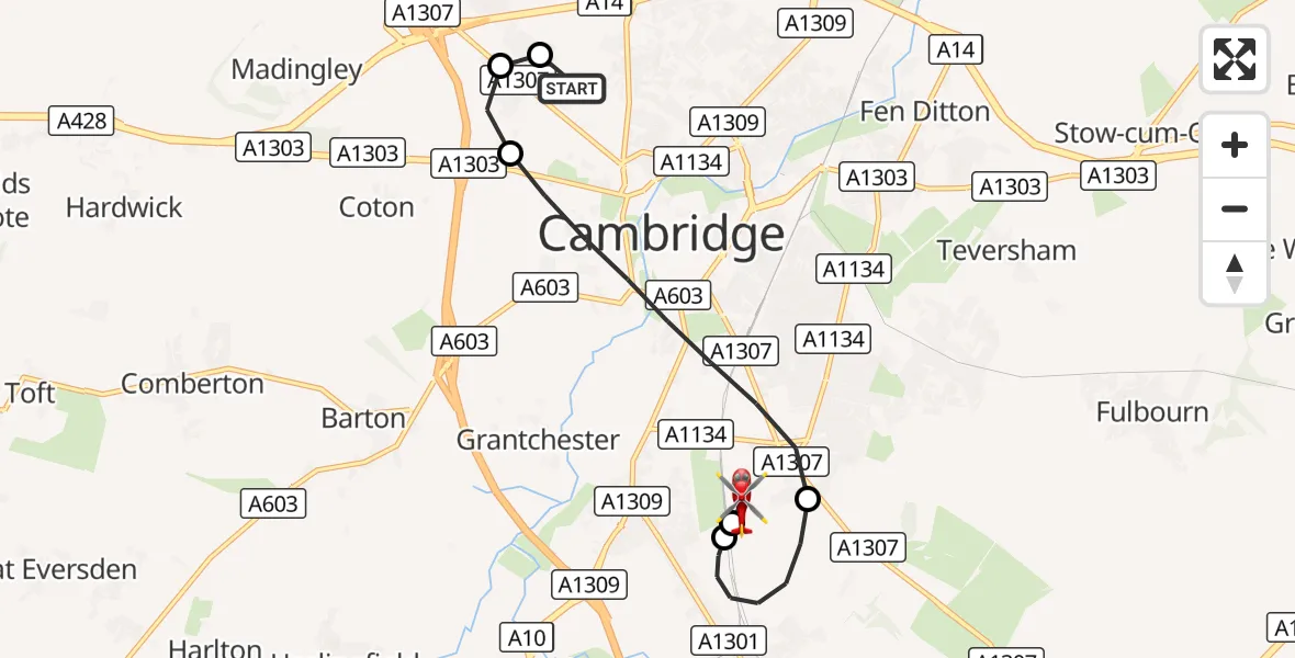 Flight route Air Ambulance Helicopter Cambridge - Papworth Hospital, 09 September 2026, 14:21