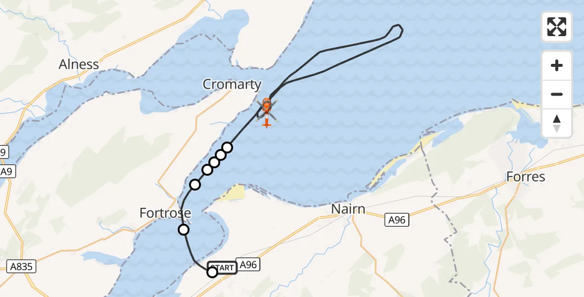 Flight route Coastguard Helicopter Inverness Airport - North Sea, 09 September 2026, 14:21