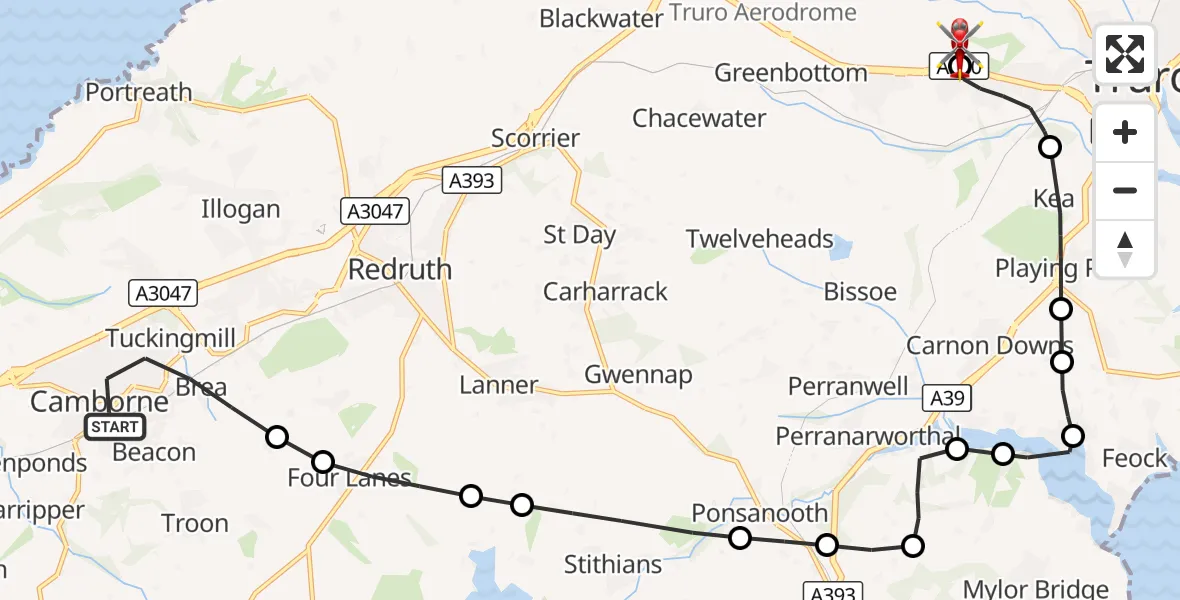 Flight route Air Ambulance Helicopter Camborne - Treliske Hospital, 09 September 2026, 14:31