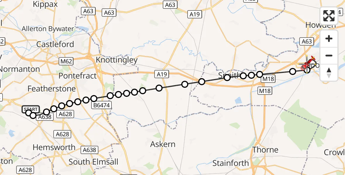 Flight route Air Ambulance Helicopter YAA Nostell Helicopter Port - Goole, 09 September 2026, 14:40
