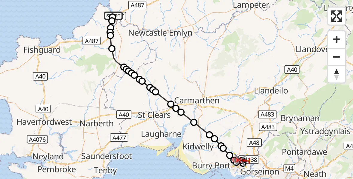 Flight route Air Ambulance Helicopter Aberteifi / Cardigan - Dafen, 09 September 2026, 14:41