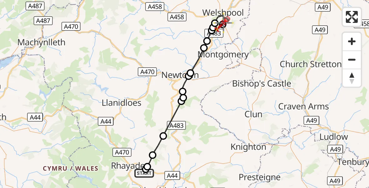 Flight route Air Ambulance Helicopter Nantmel - Welshpool Airport, 09 September 2026, 14:44