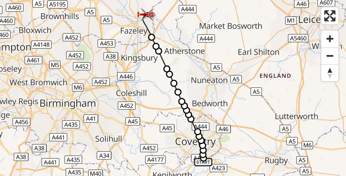 Flight route Air Ambulance Helicopter Coventry Airport - Tamworth, 09 September 2026, 15:00