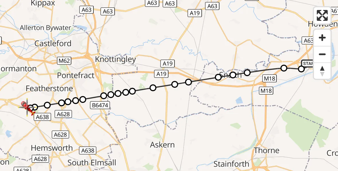 Flight route Air Ambulance Helicopter Goole - YAA Nostell Helicopter Port, 09 September 2026, 15:04