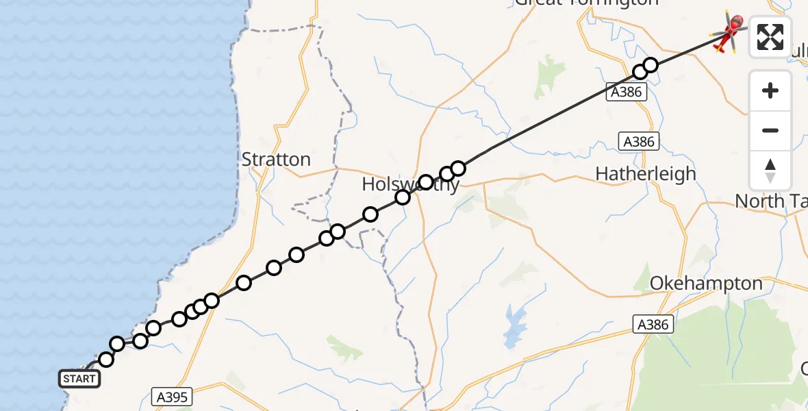 Flight route Air Ambulance Helicopter Tintagel - North Devon, 09 September 2026, 15:05