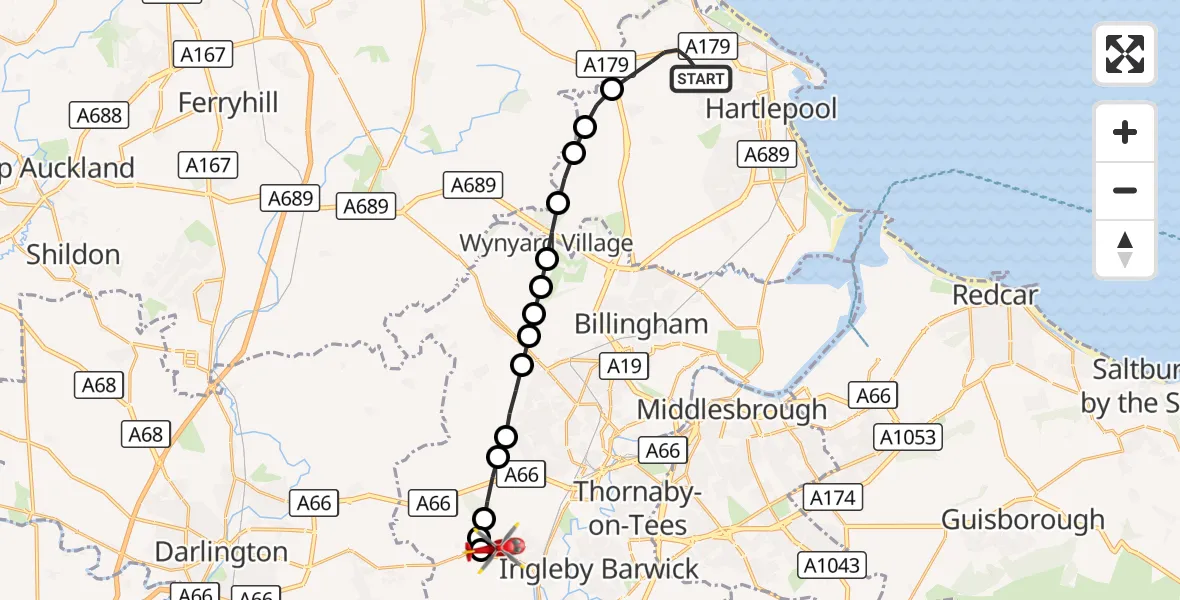 Flight route Air Ambulance Helicopter Hart - Egglescliffe, 09 September 2026, 15:05