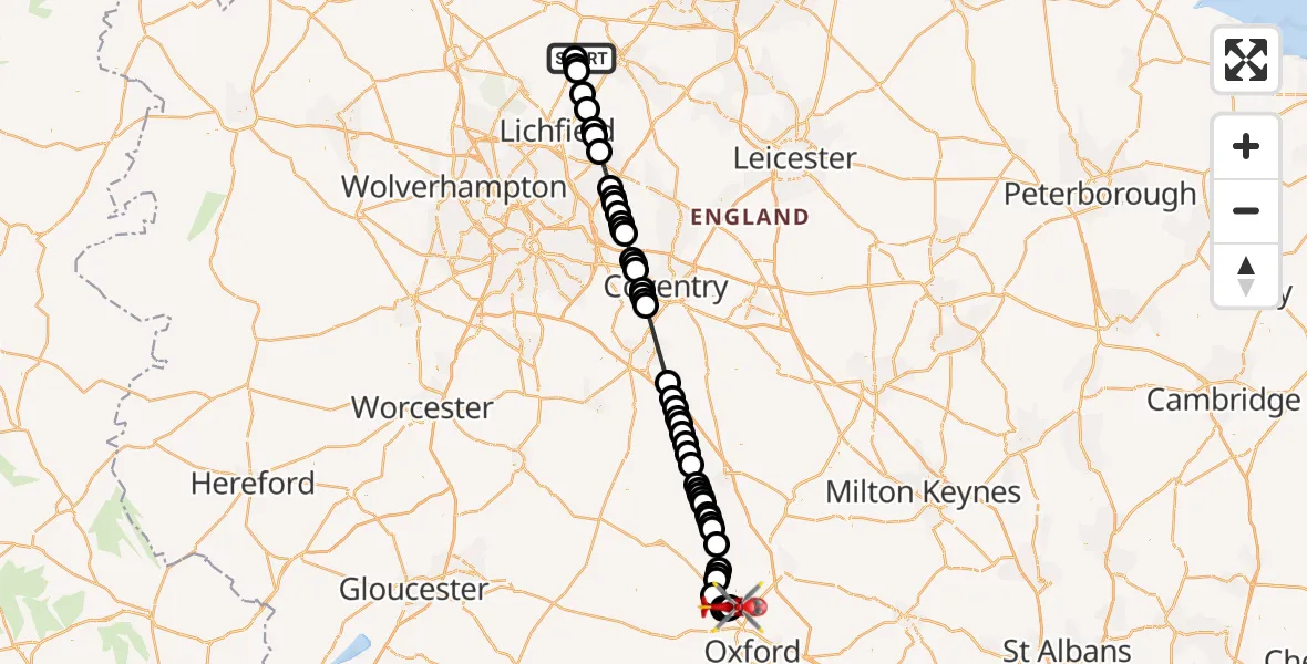 Flight route Air Ambulance Helicopter Tatenhill Airfield - London Oxford Airport, 09 September 2026, 15:07