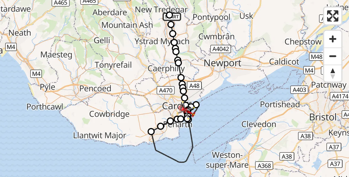 Flight route Air Ambulance Helicopter Aberbargoed - Cardiff Heliport, 09 September 2026, 15:09
