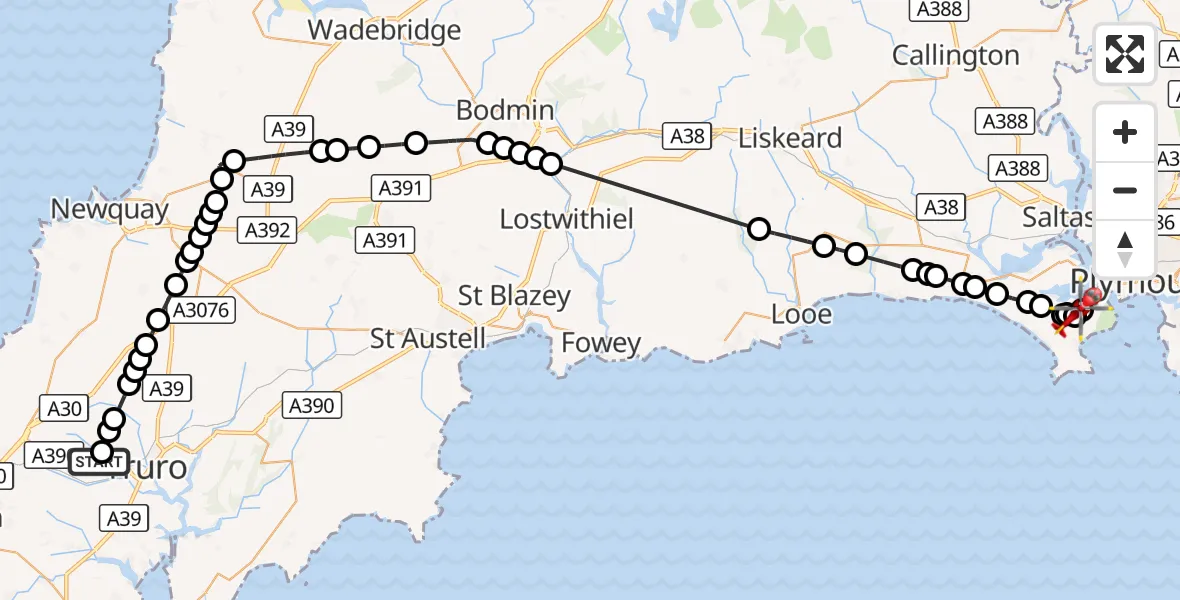 Flight route Air Ambulance Helicopter Treliske Hospital - Torpoint, 09 September 2026, 15:09